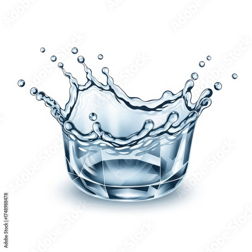 Dynamic water splash crown shape with droplets isolated on white background