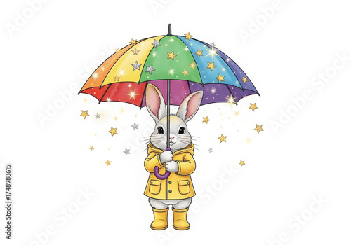 Cute cartoon bunny rabbit holding a colorful umbrella in the rain