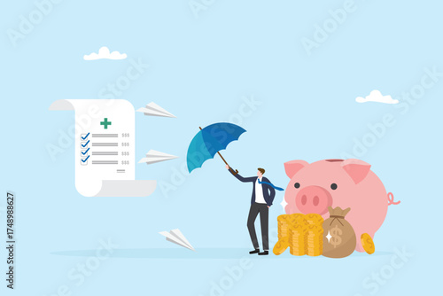 Life insurance and health insurance concept. Medical and financial security for risk management. Investment and retirement planning. Man holding shield protect saving money vector flat design.