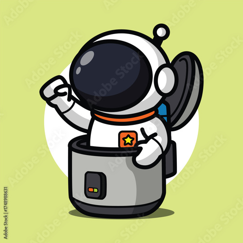 Cute Astronaut Sitting on Rice Cooker Illustration for Space Cartoon Character and Funny Daily Life Concept