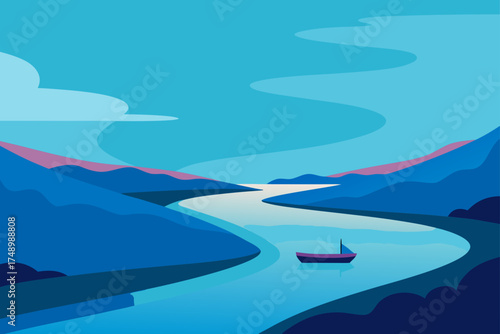 Serene blue landscape with a winding river and a lone sailboat