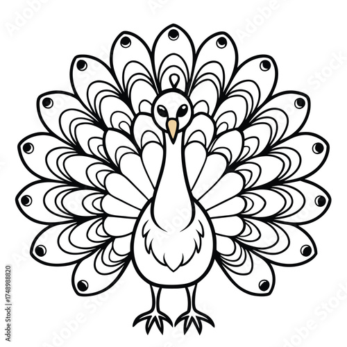 Detailed Coloring Page Depicting a Peacock Flaunting Its Vibrant Feathers in Full Glory