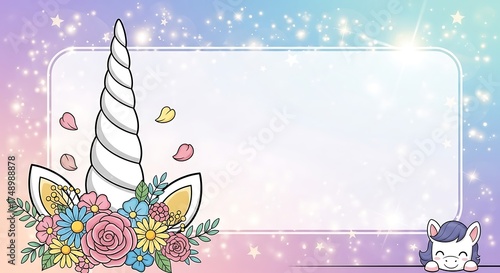 Unicorn Floral Frame with Sparkles and Cute Pony for Invitations.