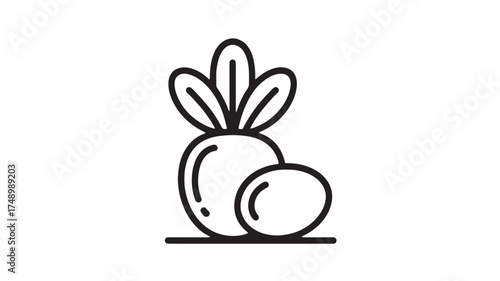 Stylized line art illustration of fresh root vegetables with green leaves on a white background