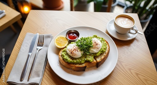 Wallpaper Mural Delicious Avocado Toast with Poached Eggs and Coffee on Wooden Table. Torontodigital.ca