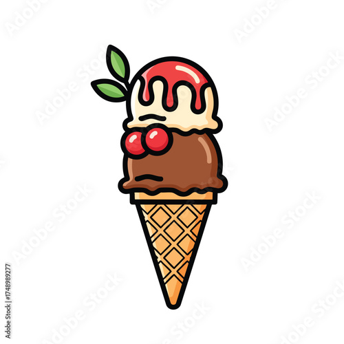 A cartoon double scoop ice cream cone with chocolate and vanilla topped with cherry syrup cherries and a green sprig.