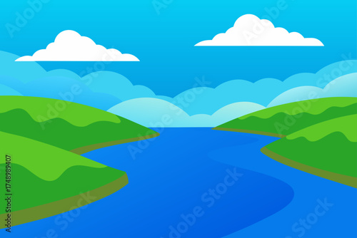 Stylized landscape with rolling green hills and a winding blue river under a bright sky with clouds
