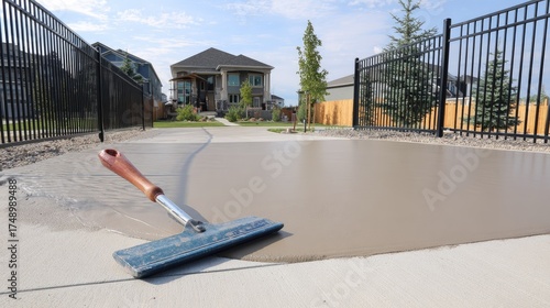 Concrete patio being leveled with a concrete screed.