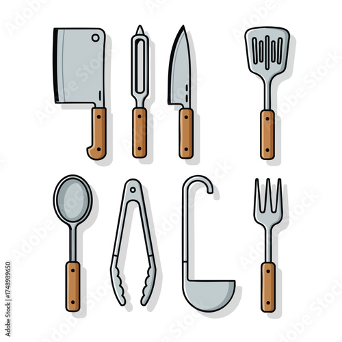 A collection of illustrated kitchen utensils with wooden handles including a cleaver knife and spatula.