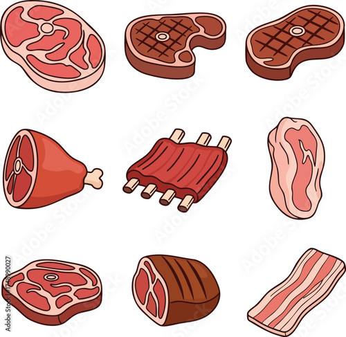 A collection of various cartoon meat cuts including steak ribs ham and bacon illustrations.