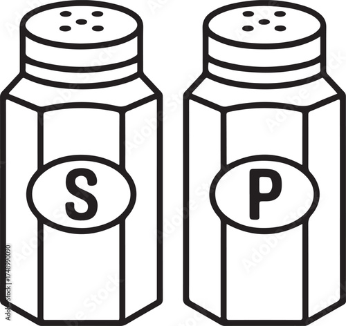 Simple line art illustration of salt and pepper shakers with s and p labels