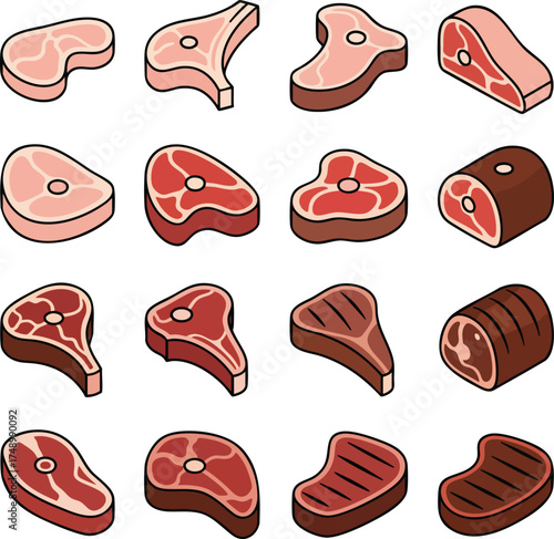 A collection of various raw and grilled meat cuts in an isometric vector illustration style.