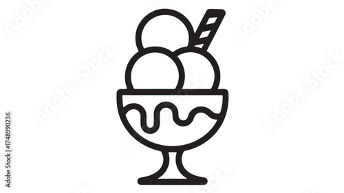 Simple line art illustration of a delicious ice cream sundae with a wafer stick.