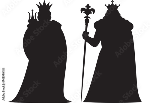 Silhouettes of King and Queen in regal attire, exuding power and authority.