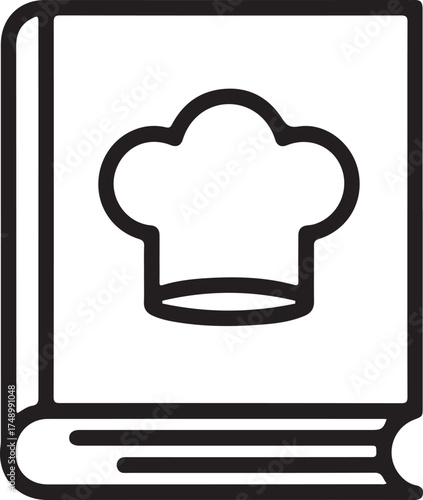 Simple line art icon of a cookbook with a chef hat on the cover