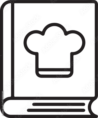 Simple outline icon of a cookbook with a chef hat on the cover