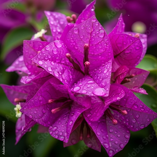 Bougainvillea Bloom - Vibrant Purple Petals Adorned with Water Droplets.