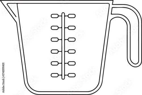 Simple line drawing of a kitchen measuring cup with handle and markings