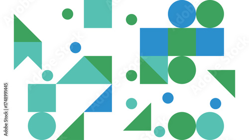 Abstract Geometric Pattern with Circles Squares and Triangles in Blue and Green Tones Modern Design for Backgrounds and Creative Projects
