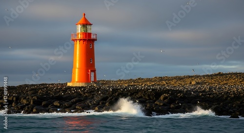 Wallpaper Mural Vivid Orange Lighthouse on Rocky Breakwater Against Cloudy Sky. Torontodigital.ca