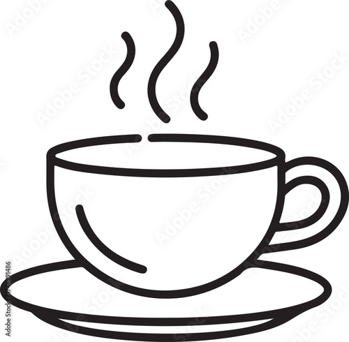 Simple line art icon of a steaming cup of coffee on a saucer
