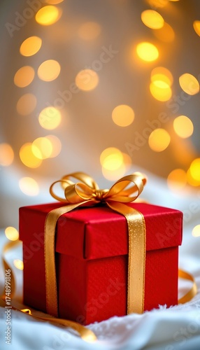 Wallpaper Mural Festive Red Gift Box with Golden Ribbon Surrounded by Warm Lights Torontodigital.ca