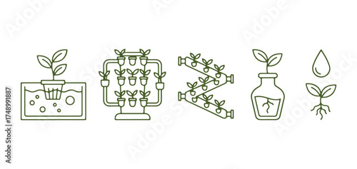 hydroponics icon set in outline silhouette