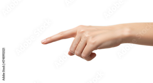 Close-up photorealistic female hand mid-motion, index finger extending to point, visible veins and knuckles, isolated on transparent background, png