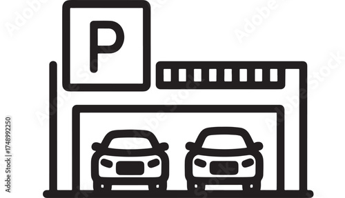 Modern multi-level parking garage with cars and prominent parking sign