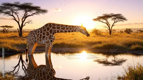Giraffe Drinking Water at Sunset in African Savannah with Reflection