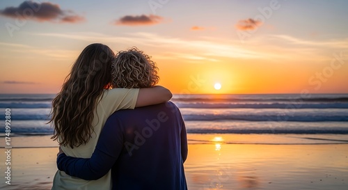Embracing Sunset - Mother and Daughter Bonding on the Beach.