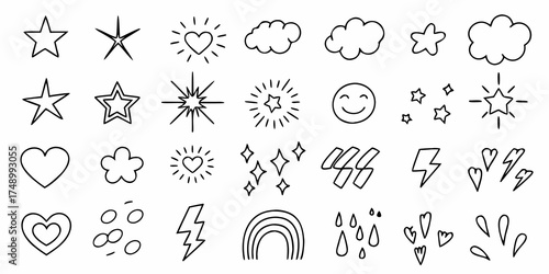 Collection of hand drawn doodle icons including stars clouds hearts smiley face lightning bolts rainbows and raindrops