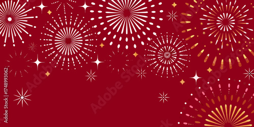 Festive red background with white and gold fireworks and starbursts for celebrations