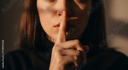 Woman Silencing with Finger - A Moment of Quiet Contemplation.