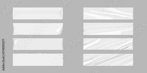 Collection of eight rectangular white objects with different textures and levels of transparency on a gray background