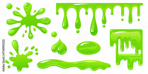 Collection of vibrant green slime splatters drips and blobs for graphic design elements