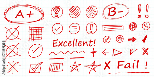 Collection of red hand drawn school grading marks and symbols on a grid paper background