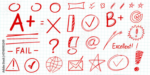 Collection of red hand drawn marks and symbols on a grid paper background for grading and feedback