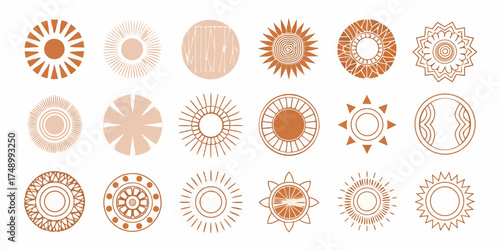 Collection of boho sun and abstract circular geometric designs in earthy tones