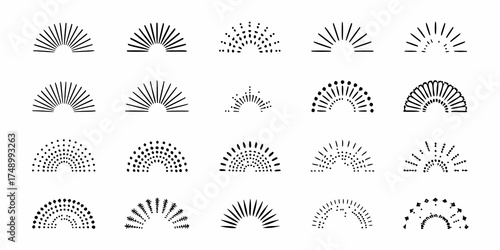 Collection of diverse hand drawn sunburst and semicircle graphic elements in black ink on white background