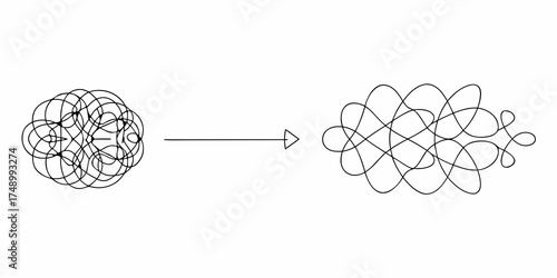 Illustration of a complex tangled line becoming a simpler less tangled line with an arrow indicating progression