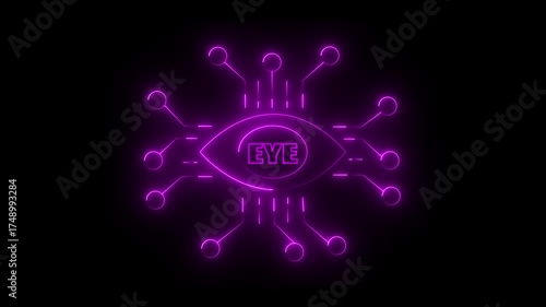 Digital Eye Icon with Text EYE and Circuit Board Connections and Glowing Purple Neon Lines technology 4k vide