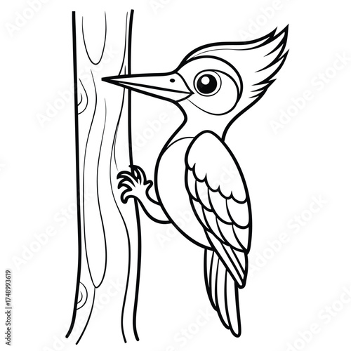 Coloring Page Depicting a Woodpecker Tapping on a Tree Trunk