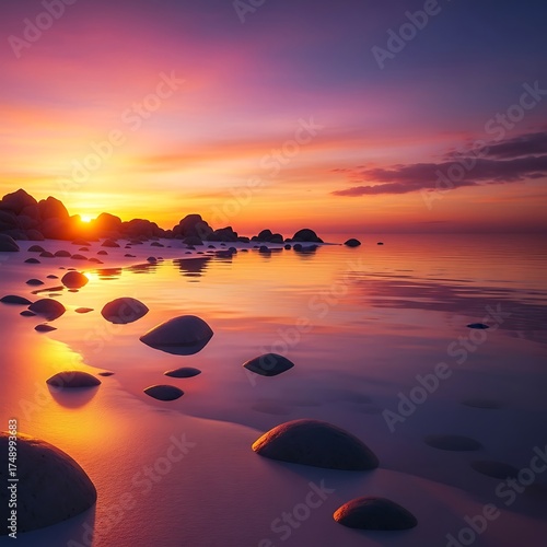 Sunset Serenity - Rocks Reflecting Golden Light on the Shoreline.