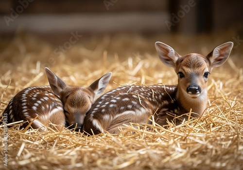 Wallpaper Mural Two Fawn Deer Resting Peacefully on Straw Bedding. Torontodigital.ca