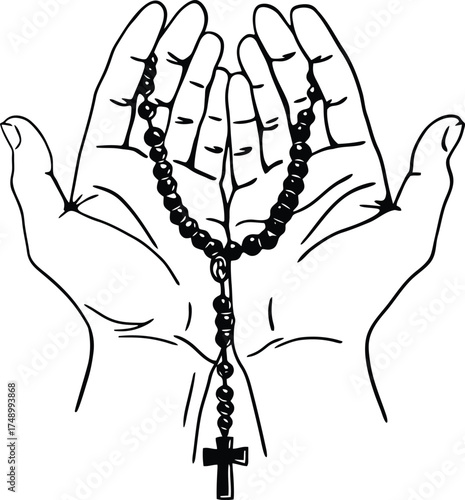 hands holding rosary, black and white clip art preview
