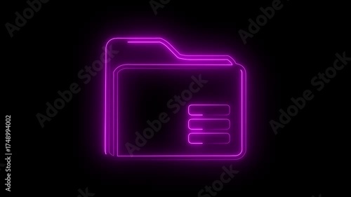 Neon Purple Folder Icon with Menu Lines on 4k vide Black Background glowing