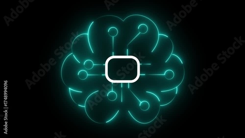 Cyan Neon Brain Circuitry Icon with Central Chip on 4k vide Black Background 