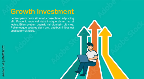 Vector illustration of a businessman working on a laptop, sitting on upward arrows. Concept of growth investment, financial success, business strategy, stock market, and wealth.