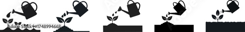 A series of icons depicting a watering can nourishing plants, illustrating the growth process from seeds to flourishing greenery.